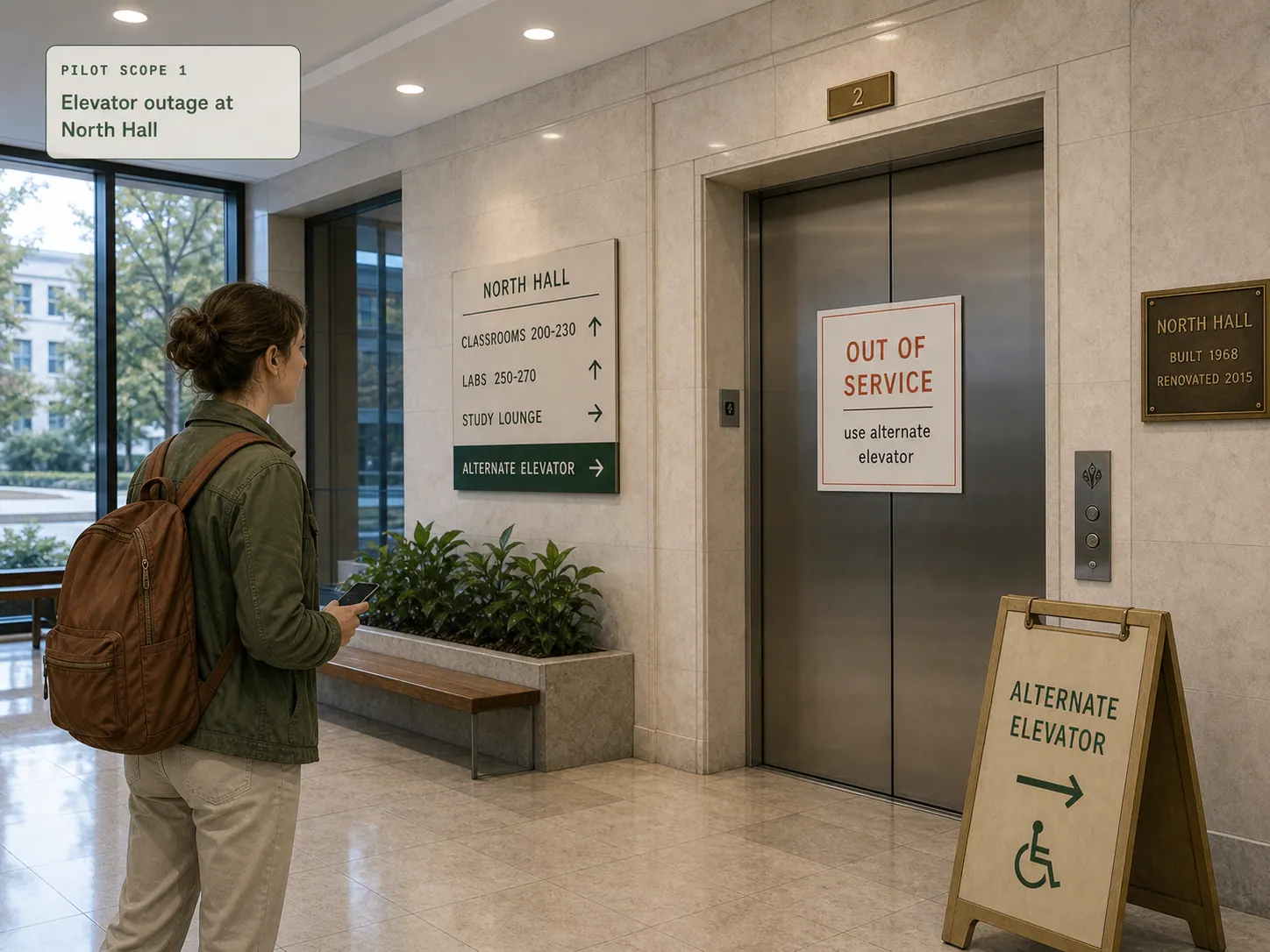 Closed elevator doors with an out-of-service notice in a different campus building.