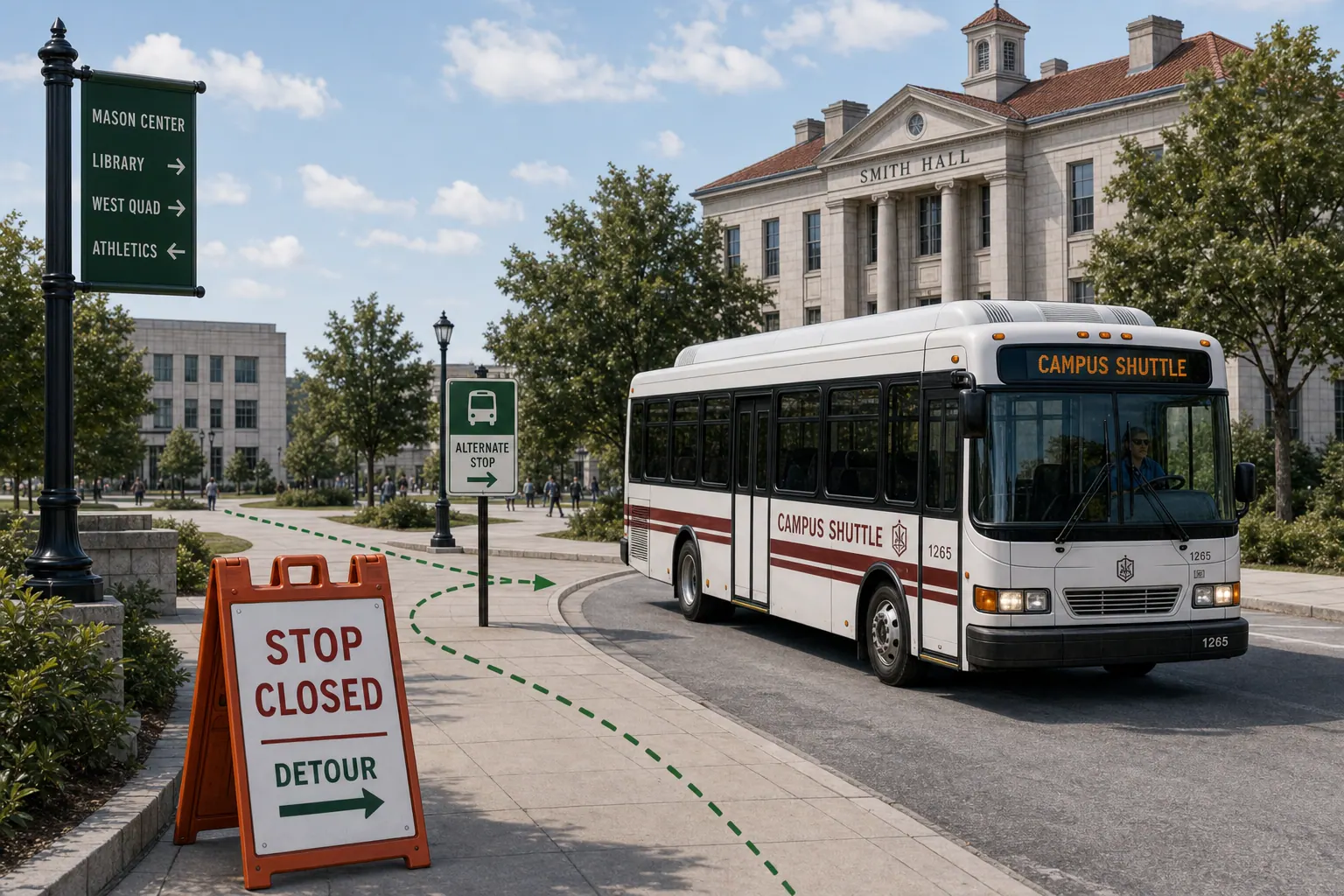 A campus shuttle on a detour route, passing a temporary stop sign.