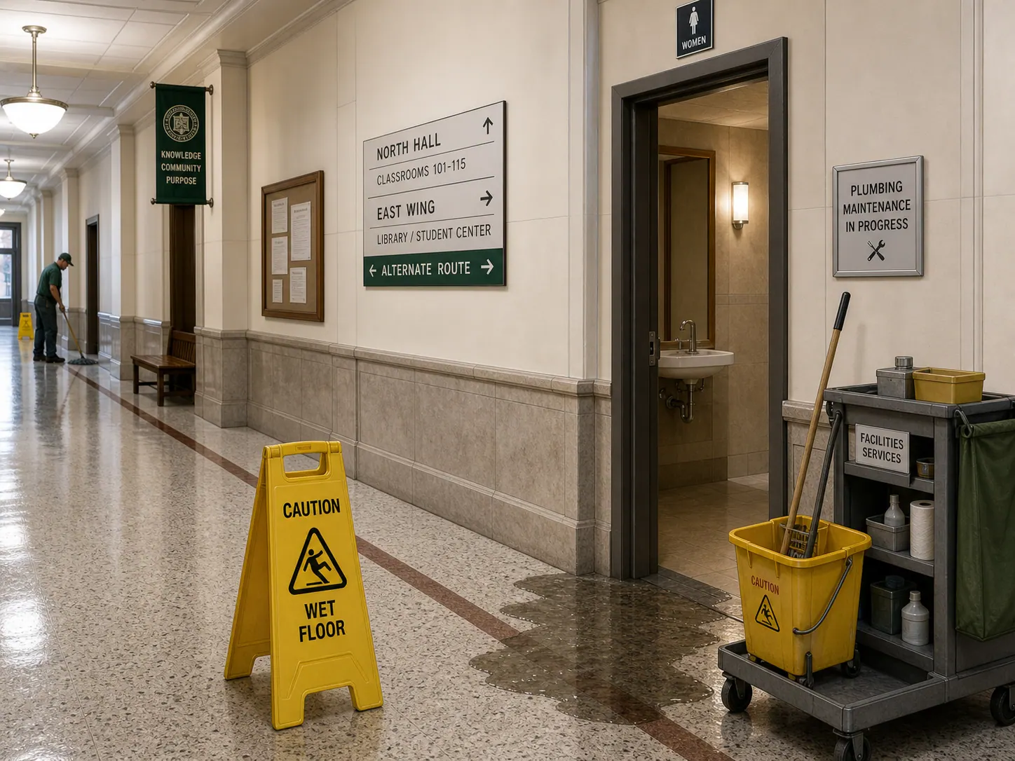 A corridor leak with a yellow caution cone and a printed wayfinding sign redirecting foot traffic.