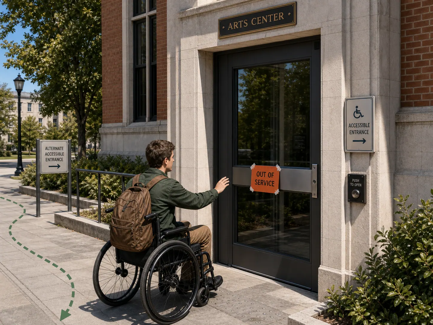 An automatic accessible entrance with an out-of-service tag on the push-plate; a campus user with a mobility aid pauses at the door.