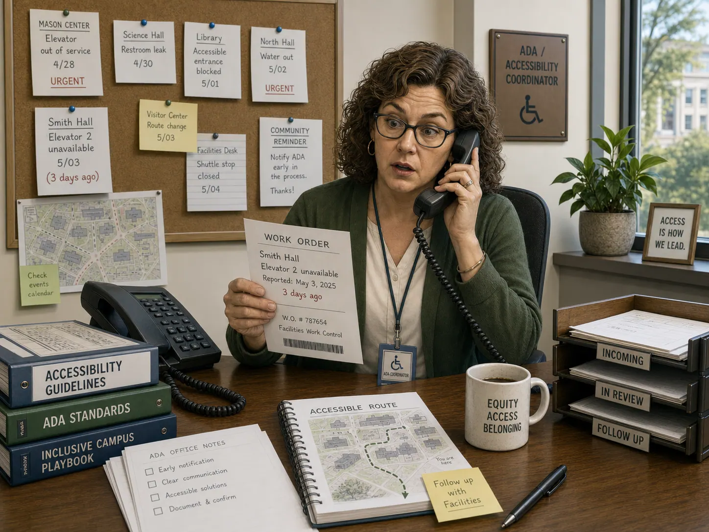 A campus accessibility coordinator at a desk reads a printed work-order ticket with a furrowed brow, behind them a corkboard layered with weeks of paper notices.