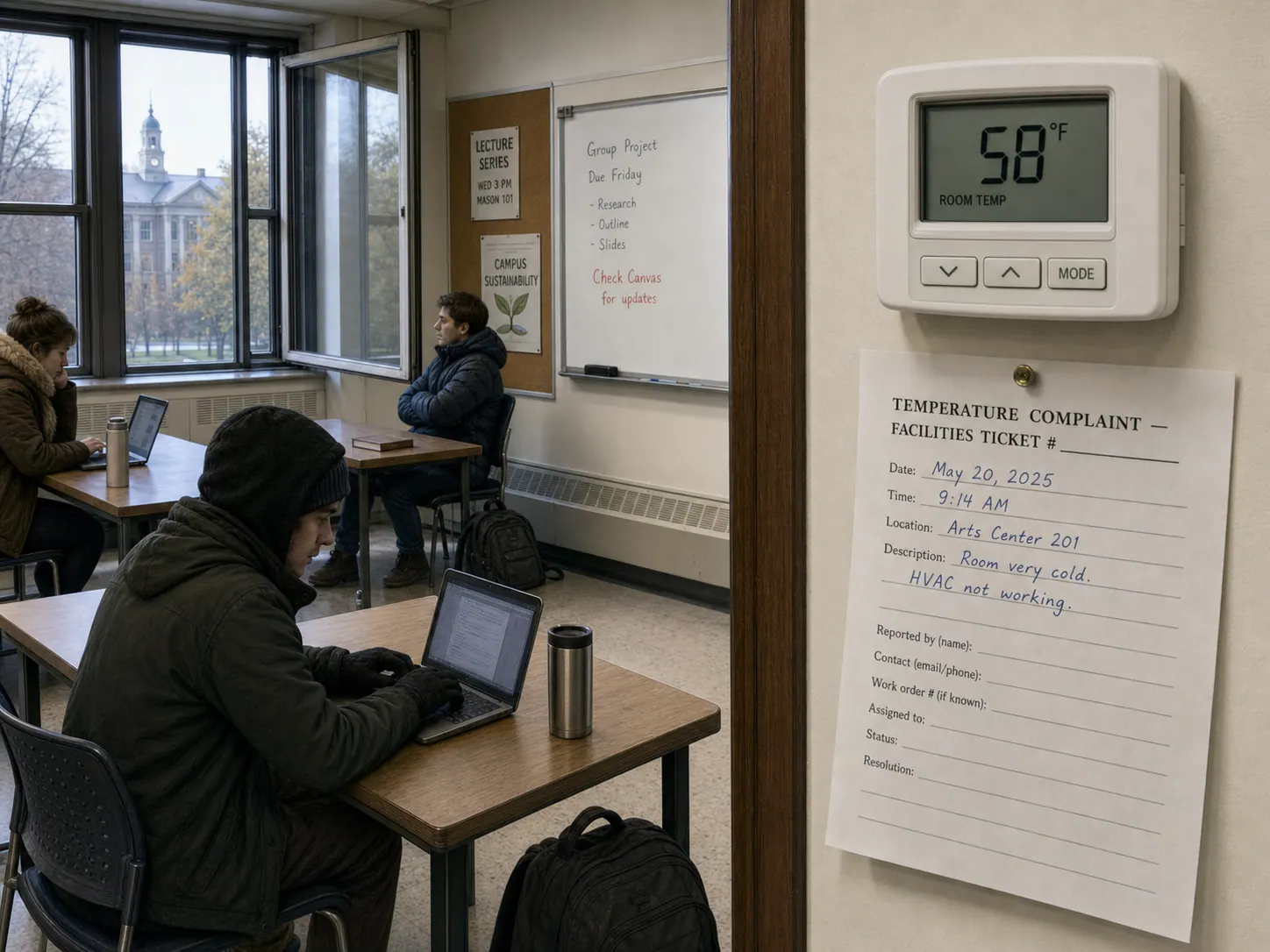 A campus classroom with one person bundled in a winter coat, another with a window propped open beside them, a wall thermostat reading 58°F, and a half-filled paper temperature complaint form pinned beside it.