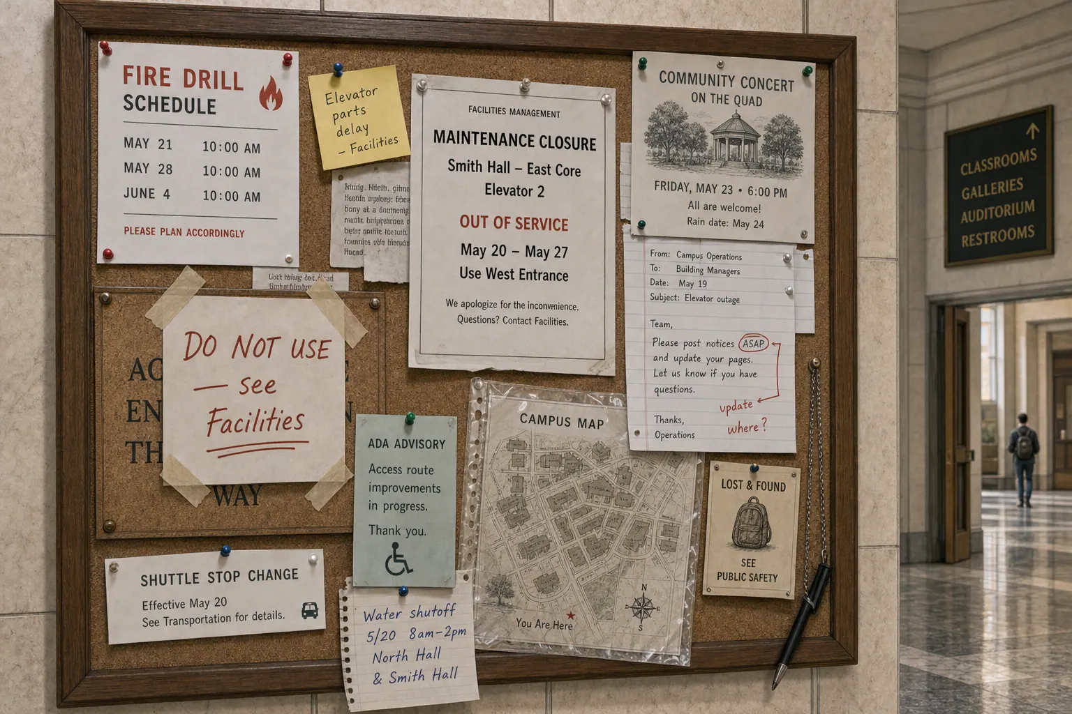 A campus bulletin board packed with overlapping paper notices: a fire-drill schedule, a maintenance closure, a community event flyer, a hand-written "DO NOT USE" warning taped over an older official notice.
