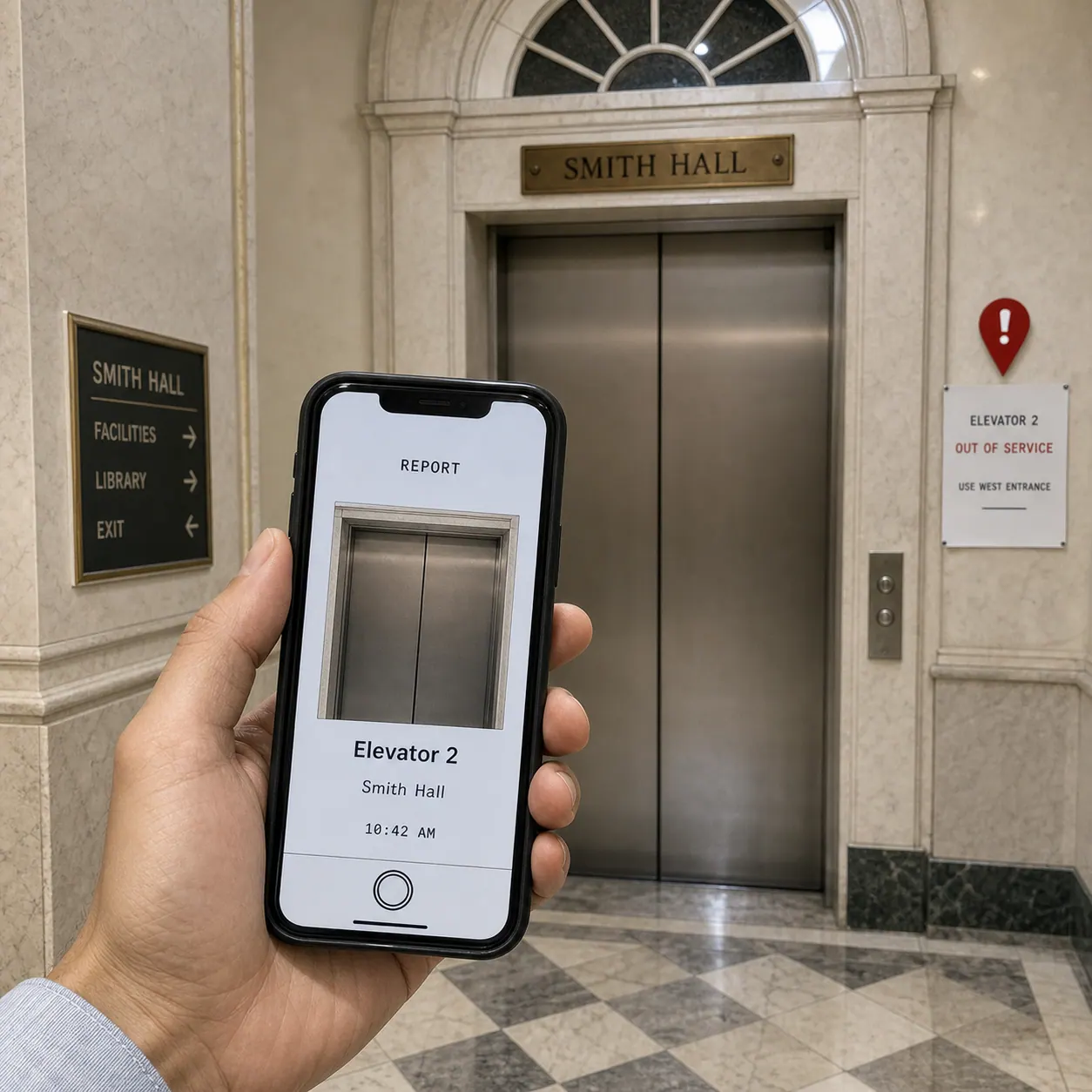 A hand holding a phone, photographing an out-of-service elevator in a campus building lobby.
