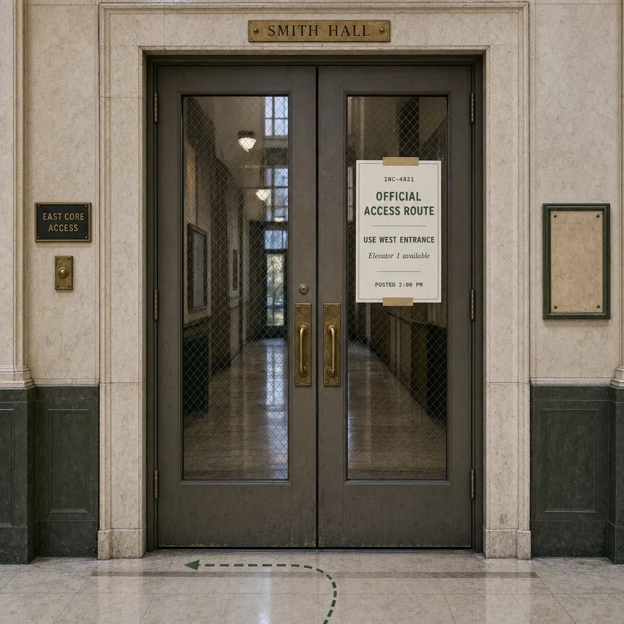 A clean, freshly-posted accessible-route notice on a building entrance door.